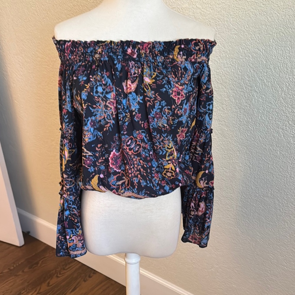 Free People Blue and Black Smocked Crop Blouse